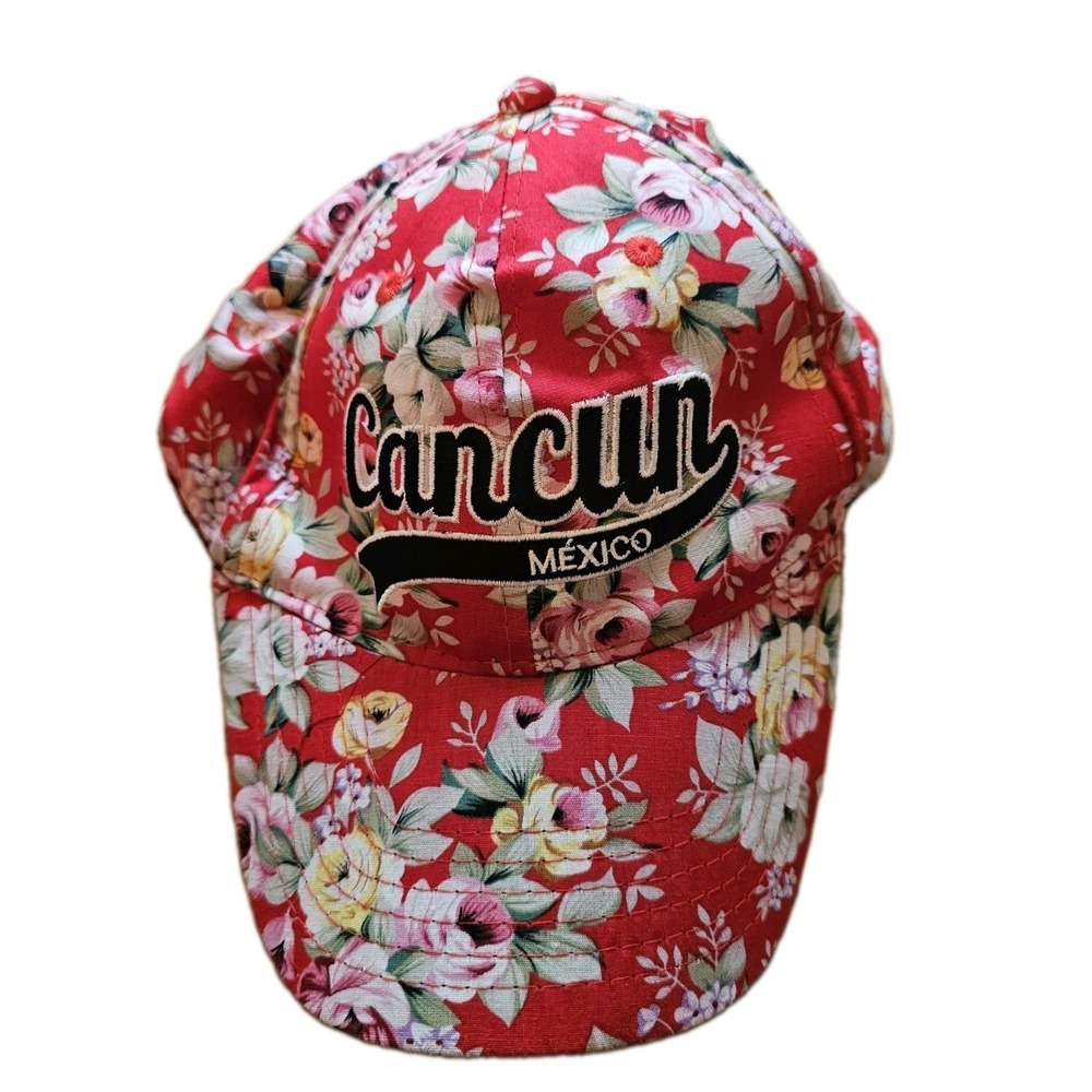 Baseball Cap RED One Size Floral Cancun Distressed Strapback Hat